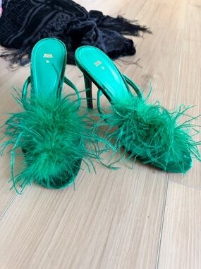 Zara Emerald Feathered Satin Mule Heels